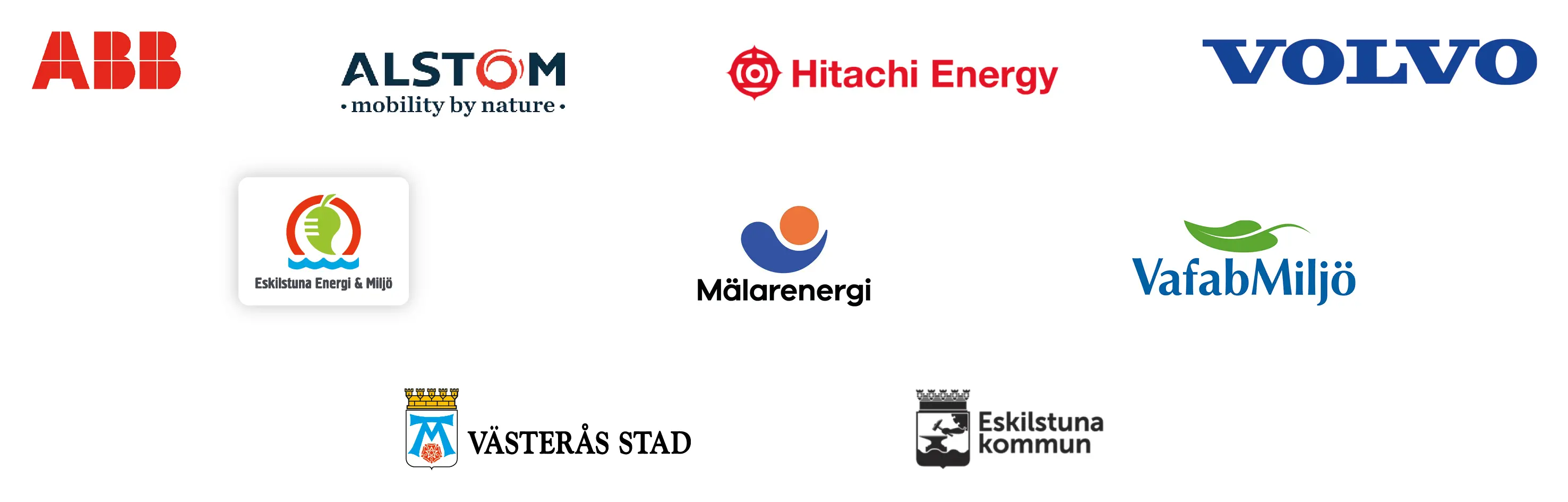 Logotypes: ABB, Alstom, Hitachi Energy, Volvo, Eskilstuna Energi och Miljö, Mälarenergi, Vafab Miljö, Västerås stad and Eskilstuna kommun.